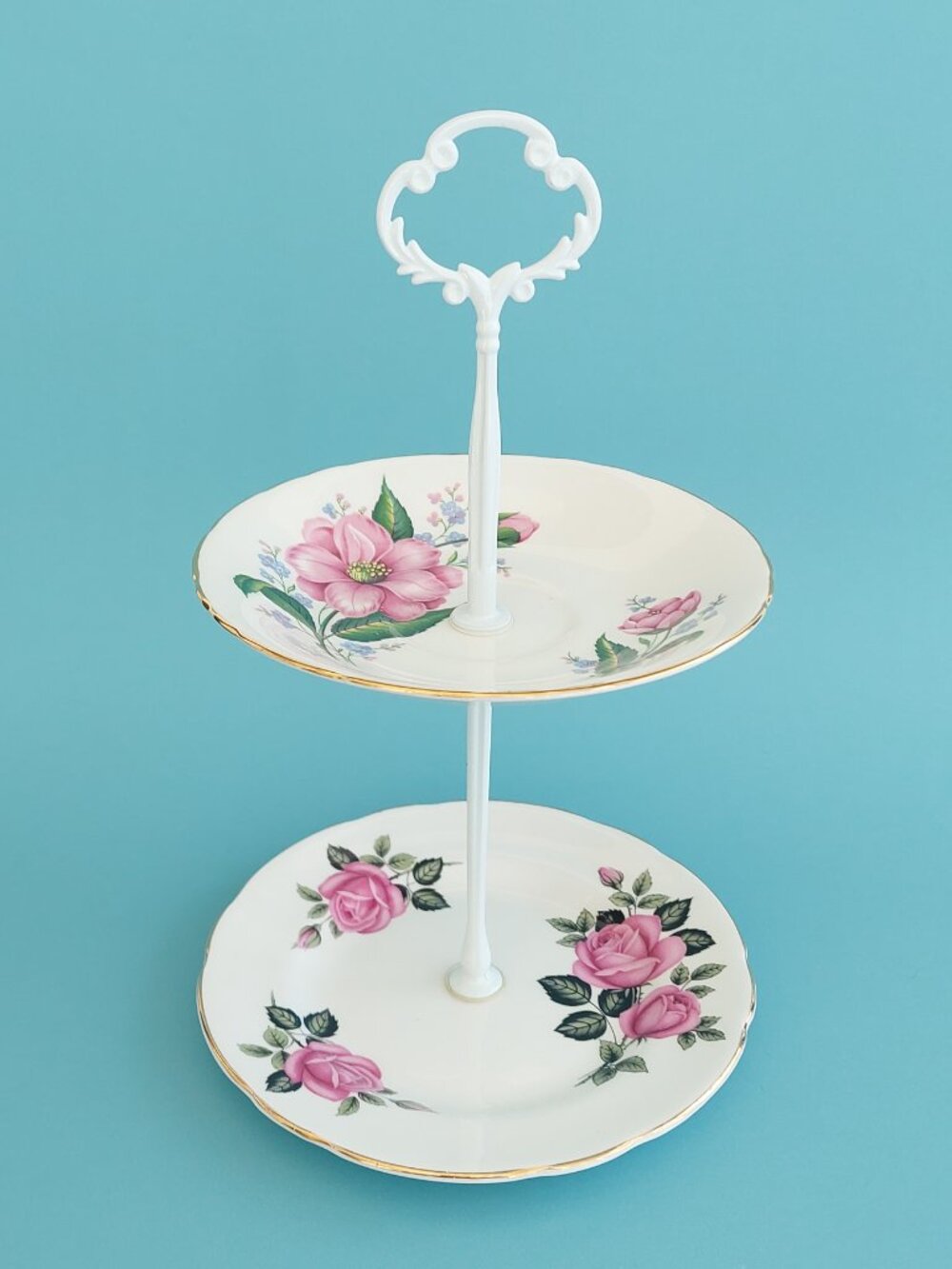 Vintage Mismatched 2-Tier Bone China Cake Stand Pink Roses & Camellias
